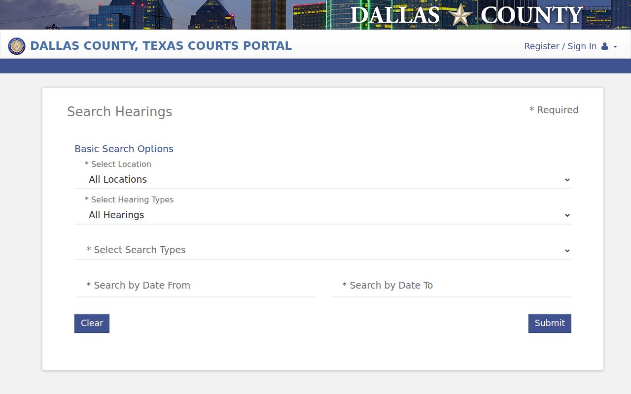 Dallas County court calendar Hearing Search fields