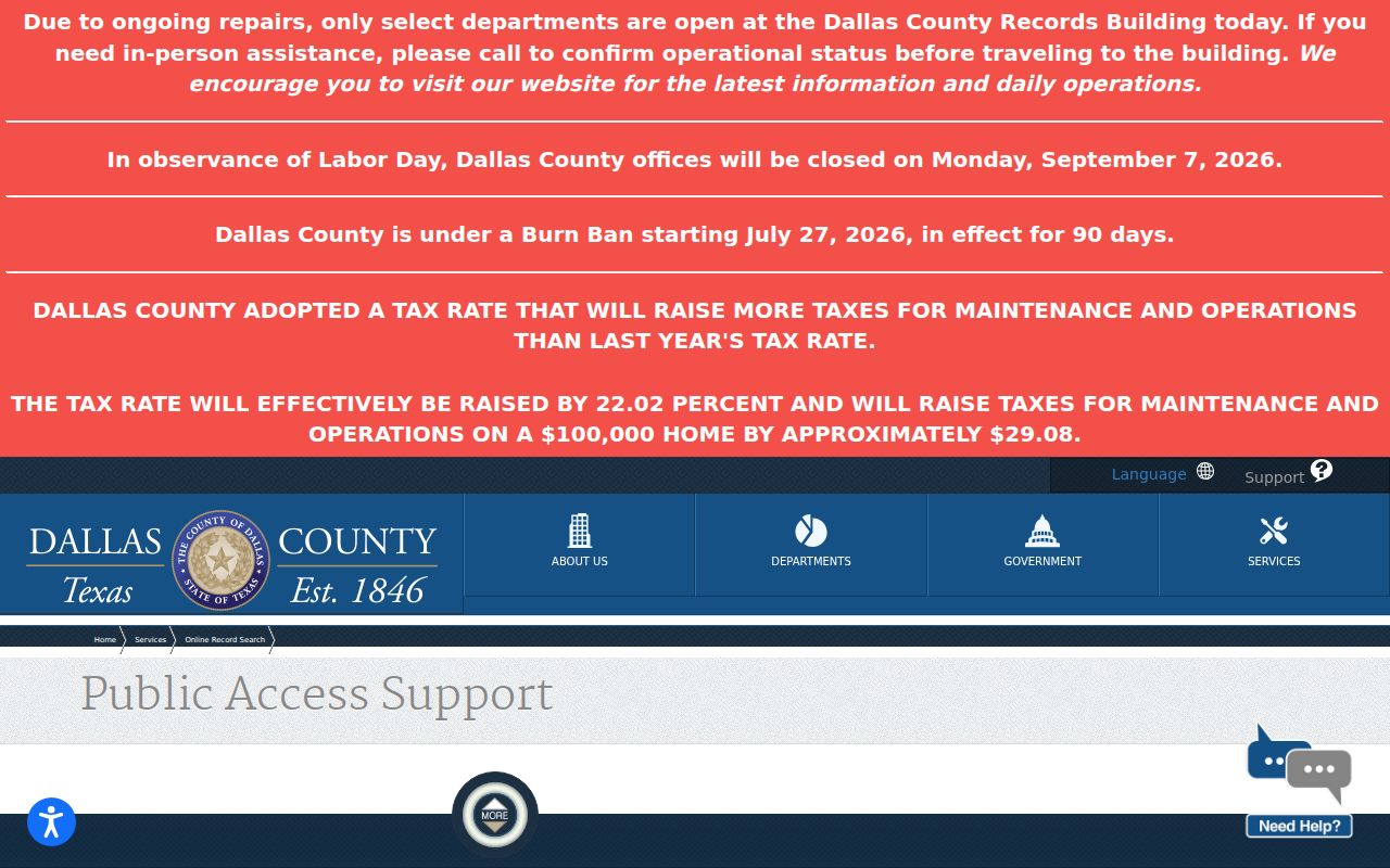 Dallas County court records public-access support form
