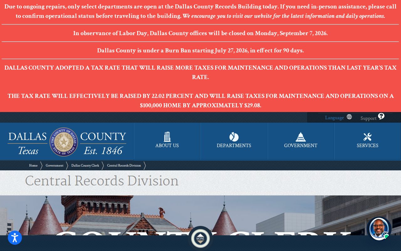 Dallas County court records year ranges and Central Records service notice