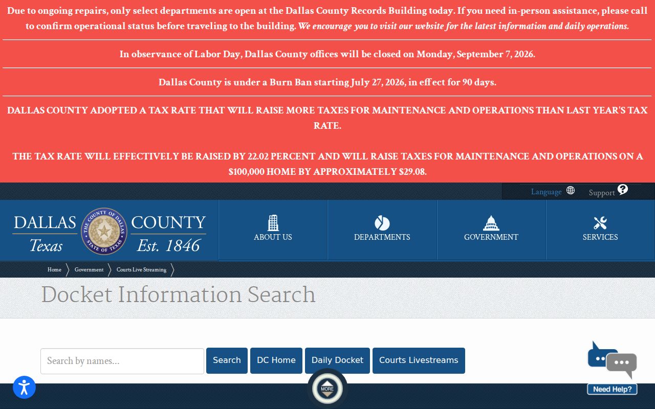 Dallas County court calendar daily docket search and result columns