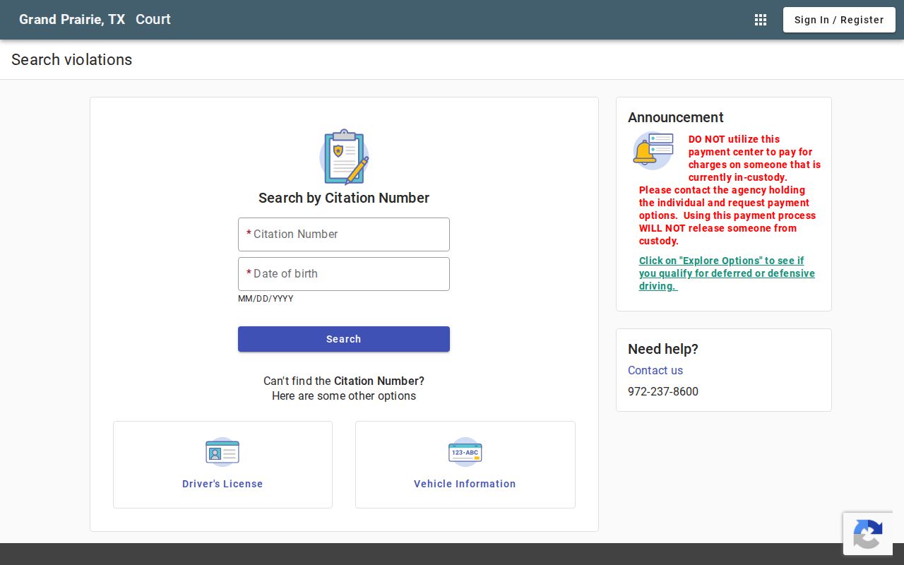 Grand Prairie court docket citation license plate and name search fields