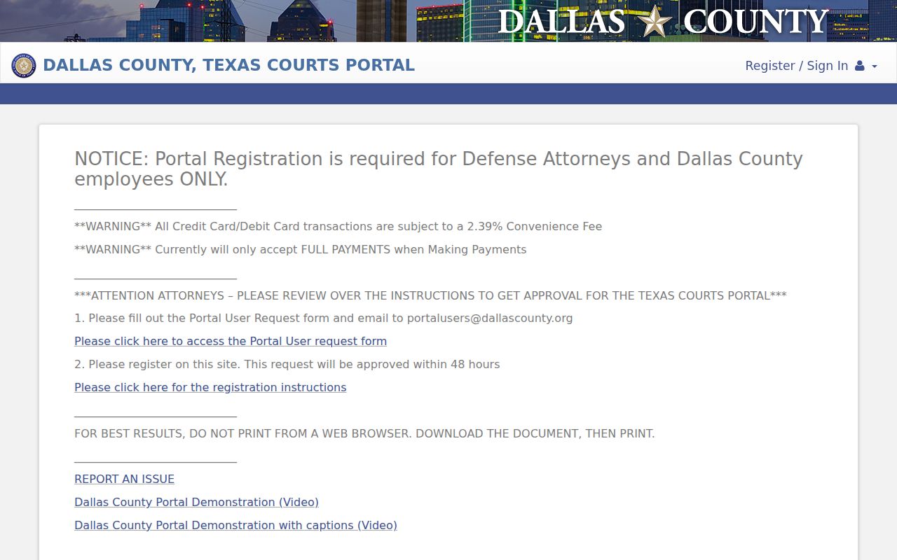 Dallas County case search portal with Smart Search hearings and payment choices