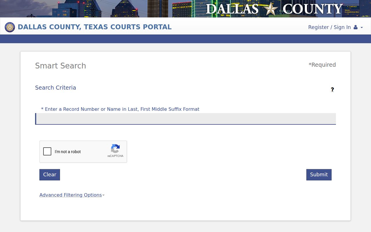 Dallas County case search Smart Search fields and wildcard instructions